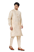 Load image into Gallery viewer, Ajay Arvindbhai Khatri Men Stylist Semi Raw Silk Kurta Pajama With Collar Thread Work