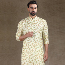 Load image into Gallery viewer, Ajay Arvindbhai Khatri Men&#39;s Cotton Printed Stylish kurta Lemon &amp; White Colour
