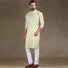 Load image into Gallery viewer, mens cotton printed lemon yellow colour kurta