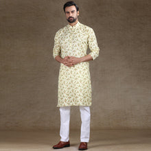 Load image into Gallery viewer, Ajay Arvindbhai Khatri Men&#39;s Cotton Printed Stylish kurta Lemon &amp; White Colour

