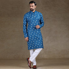 Load image into Gallery viewer, Ajay Arvindbhai Khatri Men&#39;s Cotton Flower Printed Stylish kurta Blue Colour
