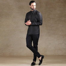 Load image into Gallery viewer, Ajay Arvindbhai Khatri Men&#39;s Black Full Sleeve Cotton Short Kurta With Pocket
