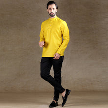 Load image into Gallery viewer, Ajay Arvindbhai Khatri Men&#39;s Yellow Full Sleeve Cotton Short Kurta With Pocket
