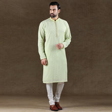 Load image into Gallery viewer, mens embroidered pista green colour kurta pajama set