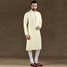 Load image into Gallery viewer, mens embroidered lemon yellow colour kurta pajama set