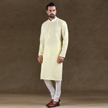 Load image into Gallery viewer, mens embroidered lemon yellow colour kurta pajama set