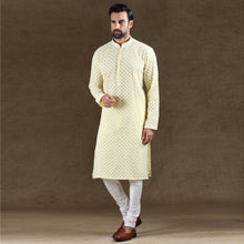 Load image into Gallery viewer, mens embroidered lemon yellow colour kurta pajama set