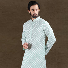 Load image into Gallery viewer, mens pista green colour embroidered kurta pajama set