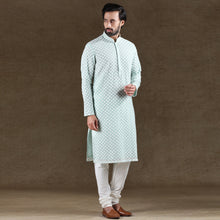 Load image into Gallery viewer, mens pista green colour embroidered kurta pajama set