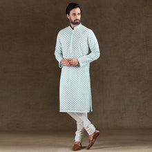 Load image into Gallery viewer, mens pista green colour embroidered kurta pajama set