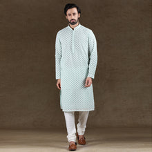 Load image into Gallery viewer, mens pista green colour embroidered kurta pajama set