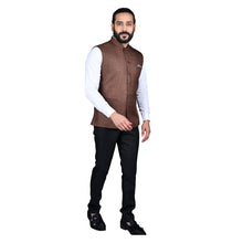 Load image into Gallery viewer, Ajay Arvindbhai Khatri Men&#39;s Jute Fabric Regular Nehru Jacket Brown Colour
