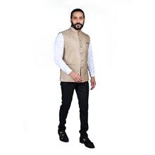 Load image into Gallery viewer, Ajay Arvindbhai Khatri Men&#39;s Jute Fabric Regular Nehru Jacket Caramel Colour
