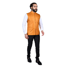 Load image into Gallery viewer, Ajay Arvindbhai Khatri Men&#39;s Jute Fabric Regular Nehru Jacket Mustard Colour
