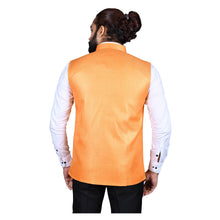 Load image into Gallery viewer, Ajay Arvindbhai Khatri Men&#39;s Jute Fabric Regular Nehru Jacket Orange Colour
