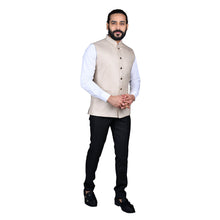 Load image into Gallery viewer, Ajay Arvindbhai Khatri Men&#39;s Jute Fabric Regular Nehru Jacket Light Beige Colour
