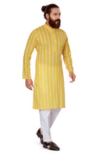 Load image into Gallery viewer, mens yellow color cotton embroidery kurta