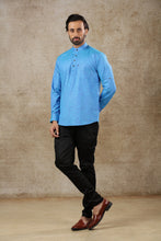 Load image into Gallery viewer, Ajay Arvindbhai Khatri Men&#39;s Blue Full Sleeve Cotton Short Kurta With Pocket

