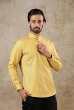 Load image into Gallery viewer, Ajay Arvindbhai Khatri Men&#39;s Gold Full Sleeve Cotton Short Kurta With Pocket
