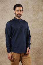 Load image into Gallery viewer, Ajay Arvindbhai Khatri Men&#39;s Navy Blue Full Sleeve Cotton Short Kurta
