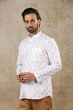 Load image into Gallery viewer, mens white color cotton printed short kurta