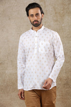 Load image into Gallery viewer, Ajay Arvindbhai Khatri Men&#39;s White Full Sleeve Printed Cotton Short Kurta With Pocket
