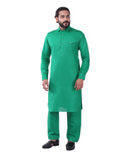 Load image into Gallery viewer, Ajay Arvindbhai Khatri Men&#39;s Pure Cotton Regular Pathani Suit Set D GREEN Colour
