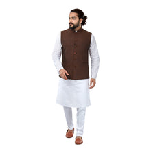Load image into Gallery viewer, Ajay Arvindbhai Khatri Men&#39;s Cotton Straight Kurta Pyjama Set &amp; Jute Nehru Jacket Coffee Brown Colour
