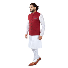 Load image into Gallery viewer, Ajay Arvindbhai Khatri Men&#39;s Cotton Straight Kurta Pyjama Set &amp; Jute Nehru Jacket Maroon Colour
