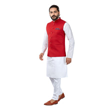 Load image into Gallery viewer, Ajay Arvindbhai Khatri Men&#39;s Cotton Straight Kurta Pyjama Set &amp; Jute Nehru Jacket Red Colour
