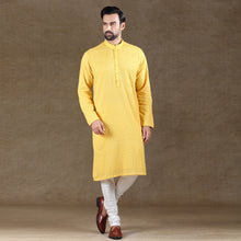 Load image into Gallery viewer, mens embroidered yellow colour kurta pajama set