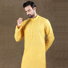 Load image into Gallery viewer, mens embroidered yellow colour kurta pajama set