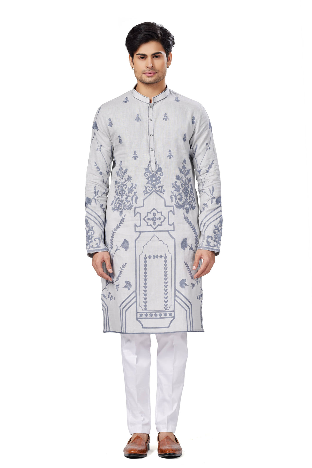 Ajay Arvindbhai Khatri Men's Linen Embroidered Kurta  Pajama Set