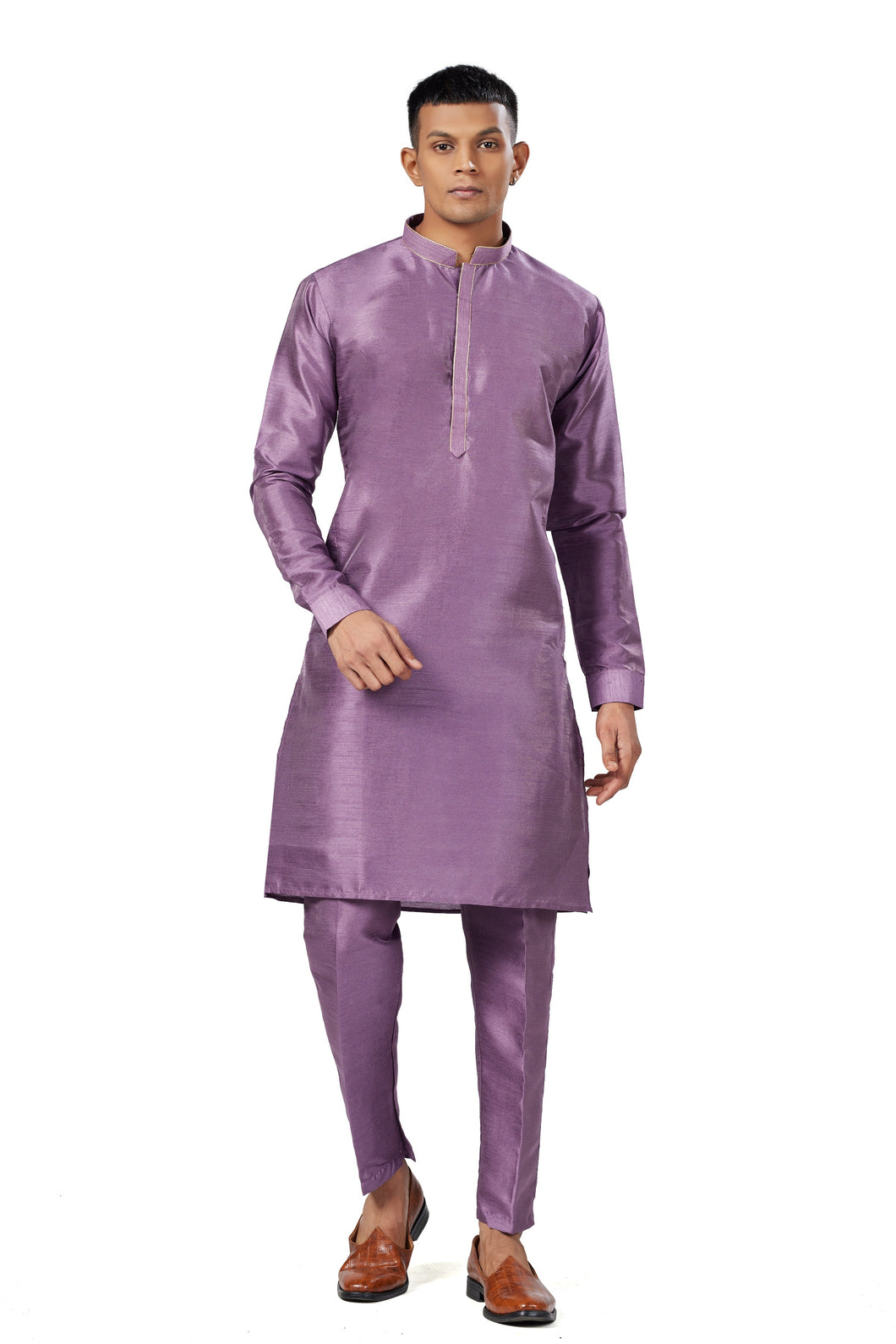 Ajay Arvindbhai Khatri Men Stylist Semi Raw Silk Kurta Pajama With Collar Thread Work