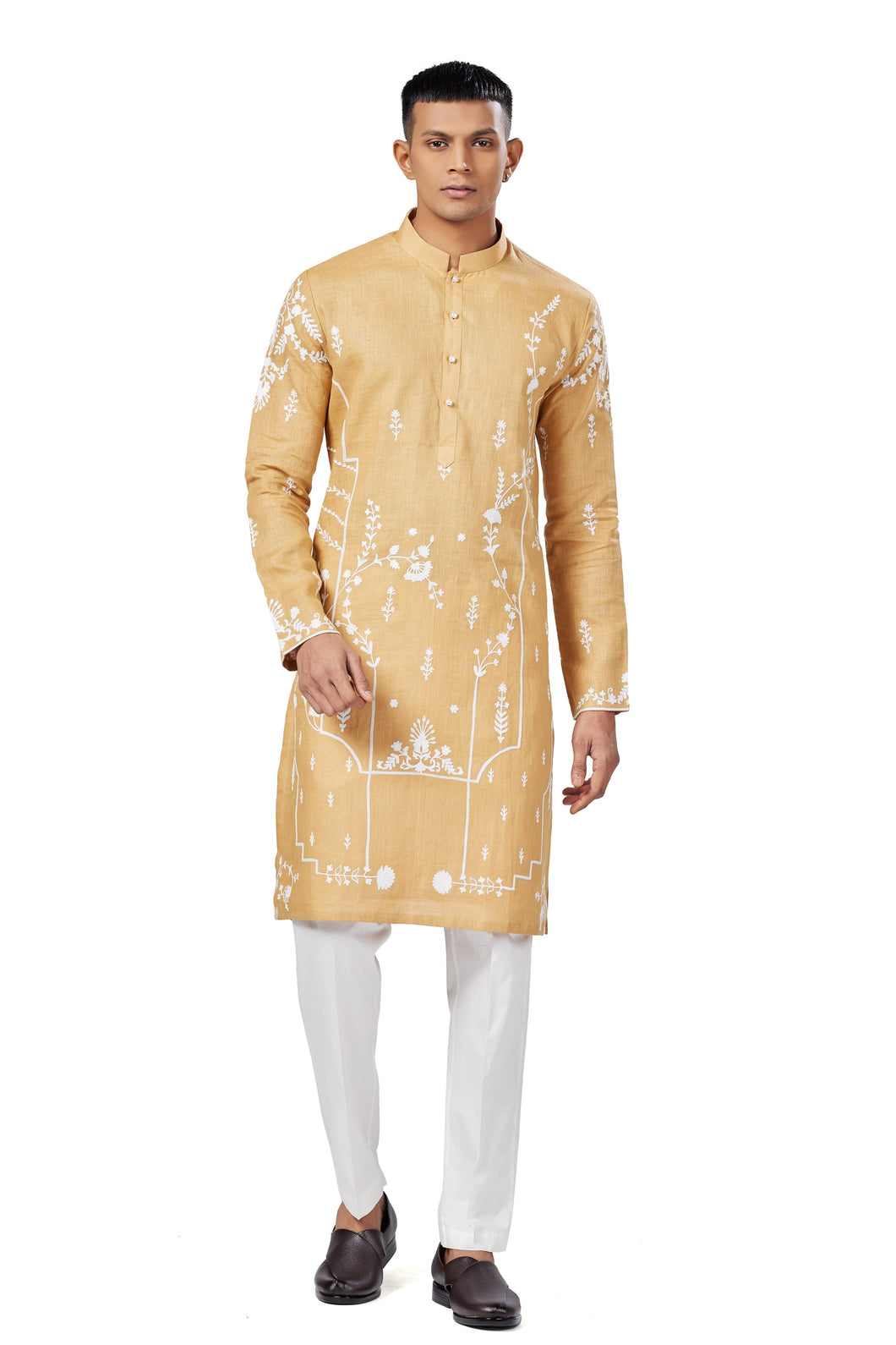 Ajay Arvindbhai Khatri Men's Linen Embroidered Kurta  Pajama Set