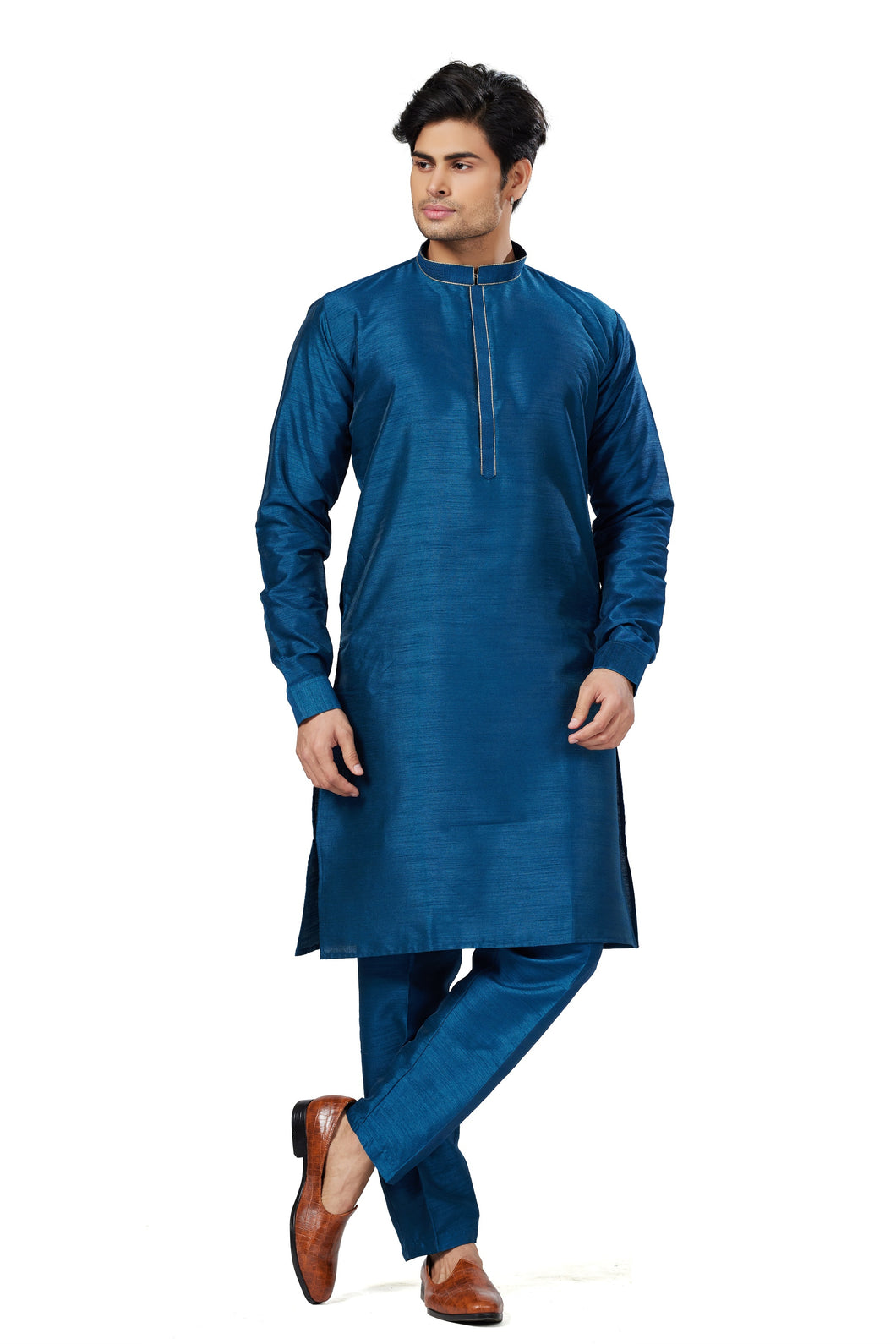 Ajay Arvindbhai Khatri Men Stylist Semi Raw Silk Kurta Pajama With Collar Thread Work
