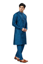 Load image into Gallery viewer, Ajay Arvindbhai Khatri Men Stylist Semi Raw Silk Kurta Pajama With Collar Thread Work
