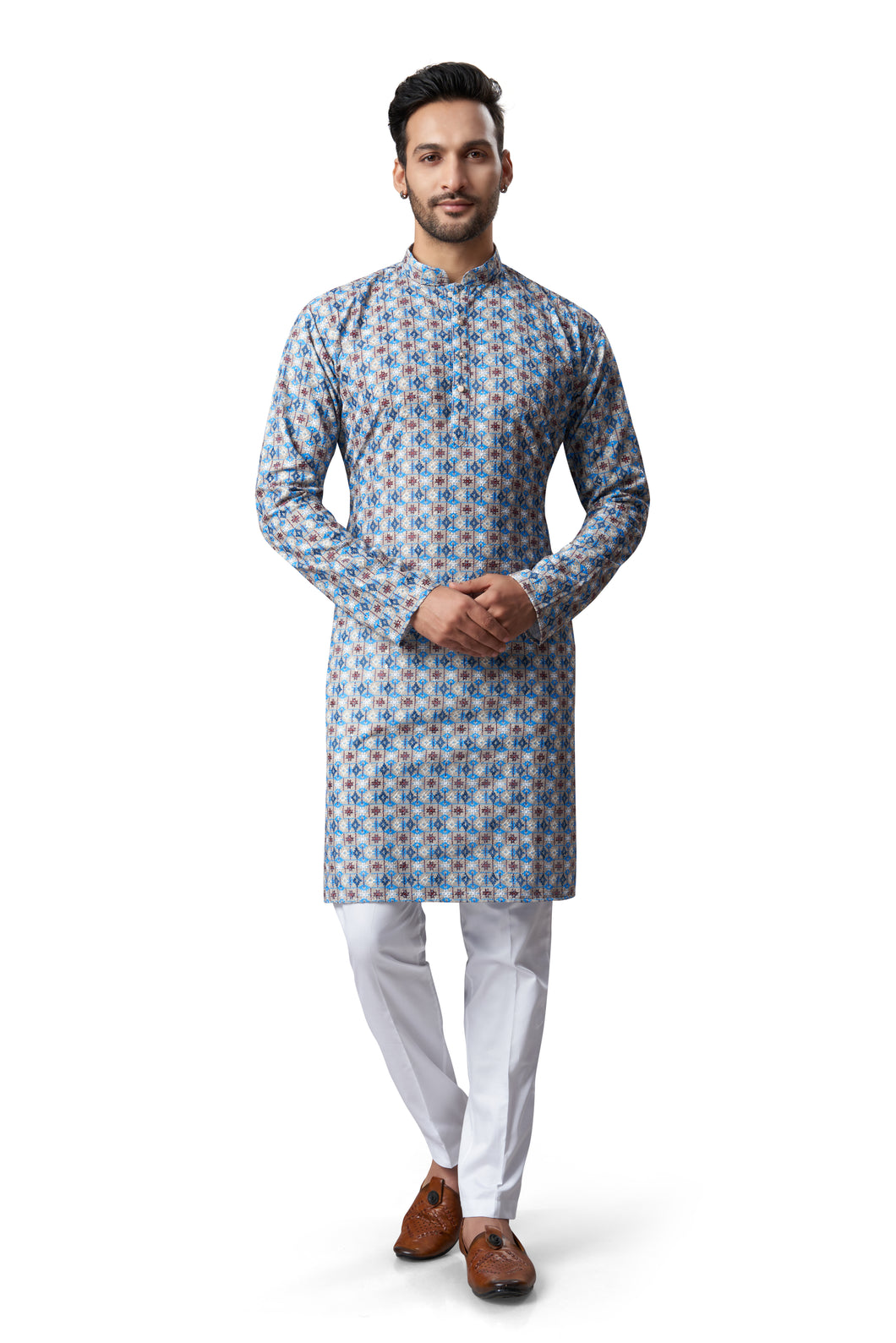 mens lucknowi blue colour printed kurta