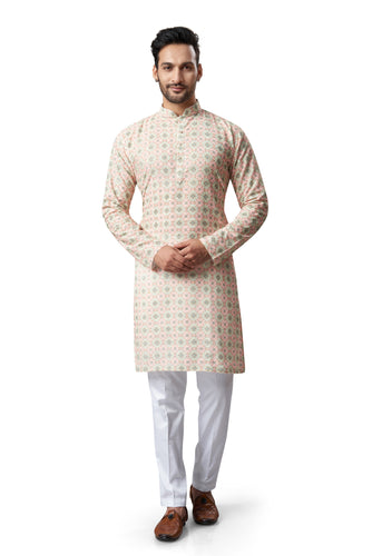 mens lucknowi fawn colour printed kurta