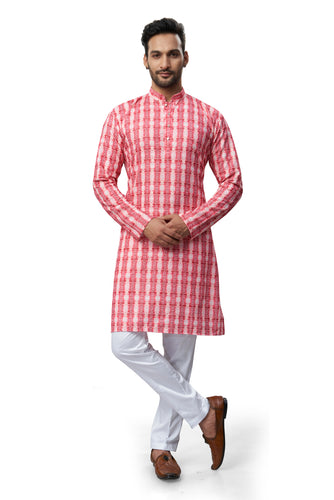 mens lucknowi red colour printed kurta