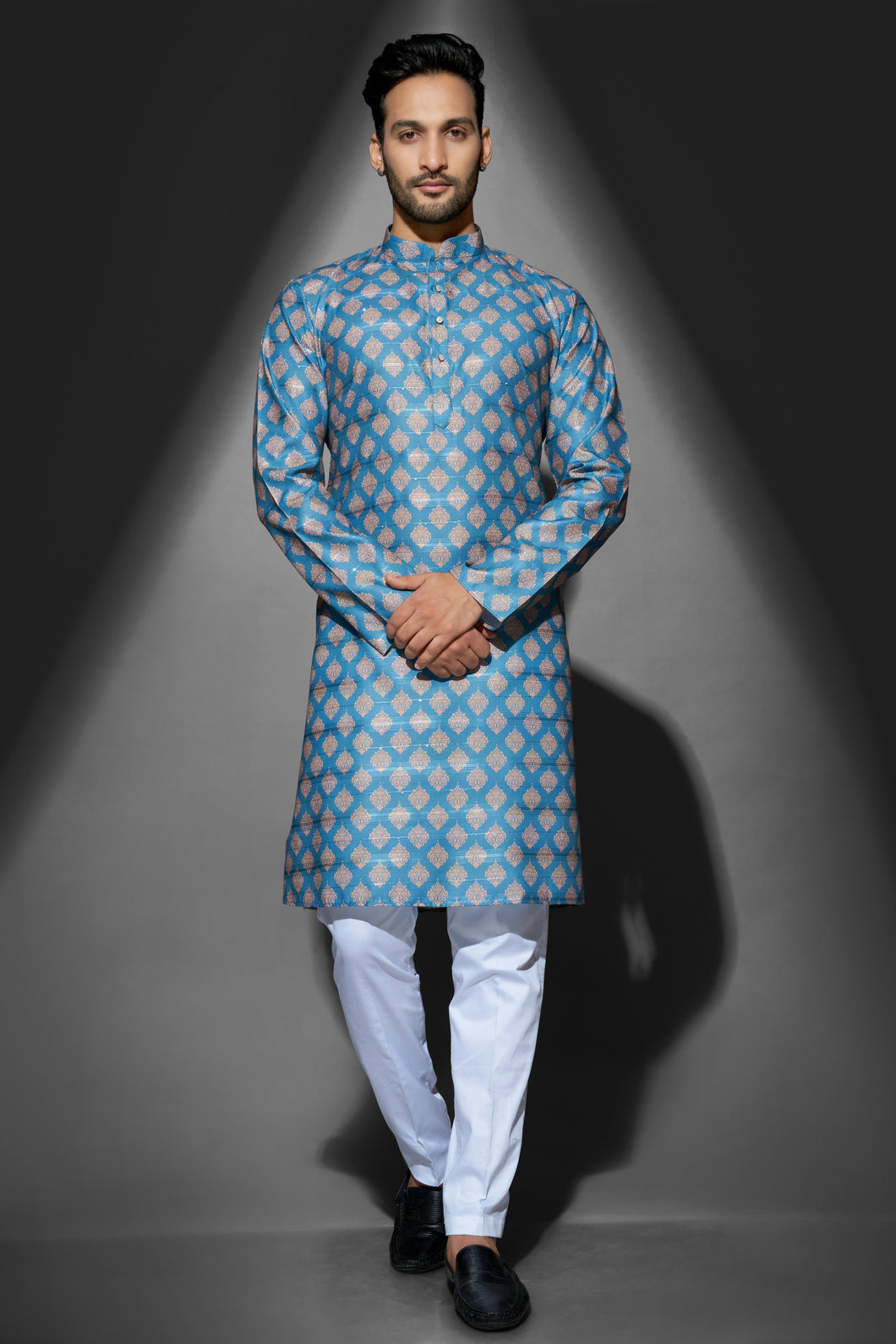 mens cotton printed blue colour kurta