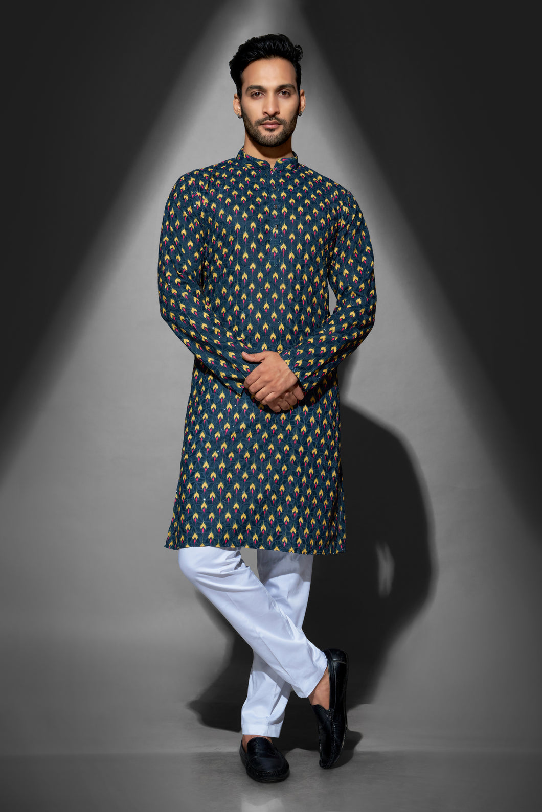 mens lucknowi blue colour printed kurta