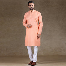 Load image into Gallery viewer, mens cotton printed peach colour kurta
