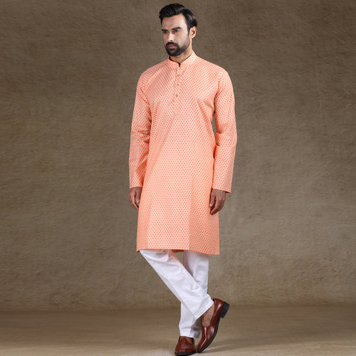 mens cotton printed peach colour kurta