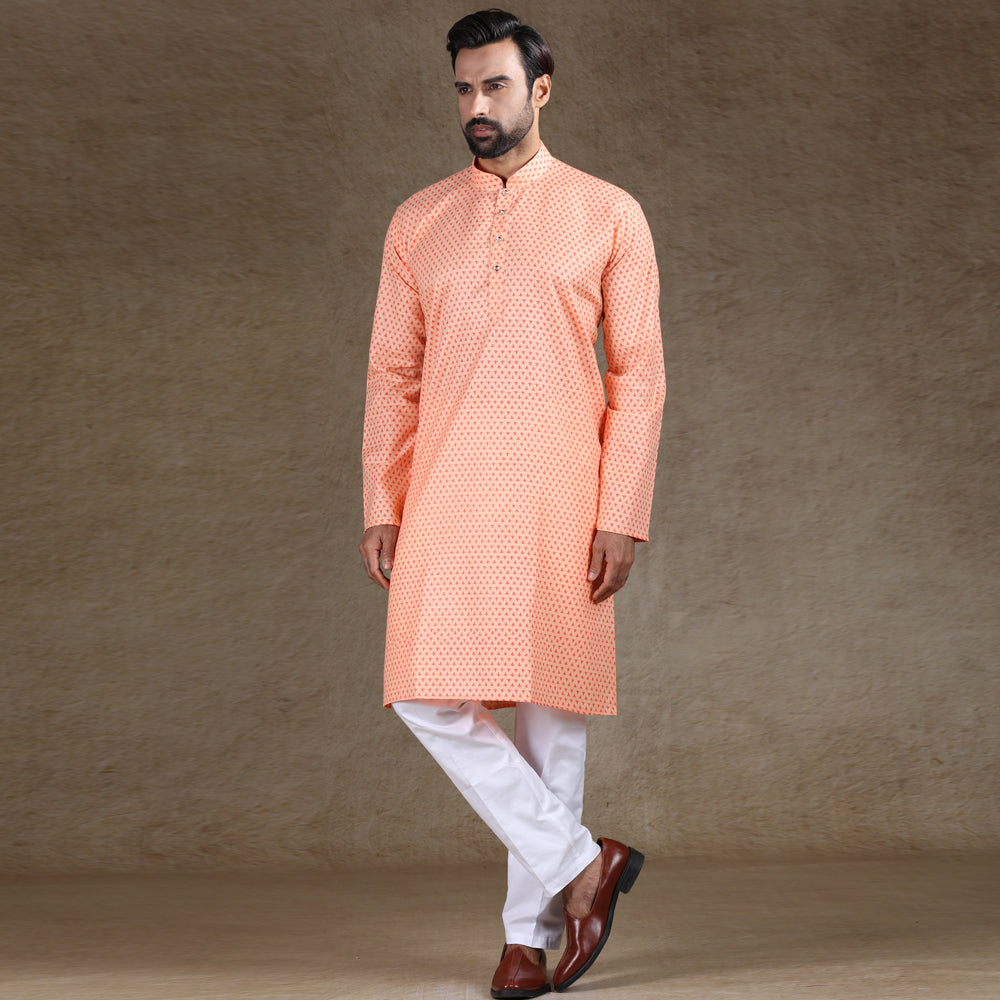 mens cotton printed peach colour kurta