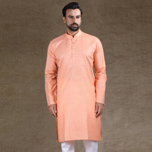 Load image into Gallery viewer, mens cotton printed peach colour kurta
