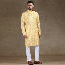 Load image into Gallery viewer, Ajay Arvindbhai Khatri Men&#39;s Cotton Flower Printed Stylish kurta Lemon Colour

