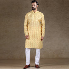 Load image into Gallery viewer, Ajay Arvindbhai Khatri Men&#39;s Cotton Printed Stylish kurta Yellow &amp; White Colour
