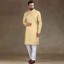 Load image into Gallery viewer, Ajay Arvindbhai Khatri Men&#39;s Cotton Flower Printed Stylish kurta Lemon Colour
