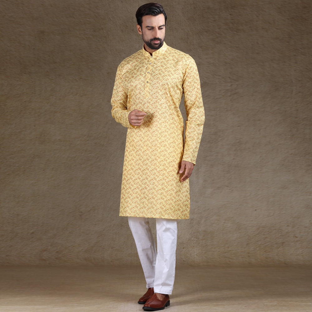 Ajay Arvindbhai Khatri Men's Cotton Flower Printed Stylish kurta Lemon Colour